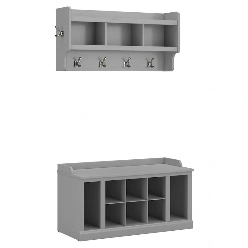 Woodland 40W Shoe Bench w/ Shelves & Wall Coat Rack by Bush Furniture