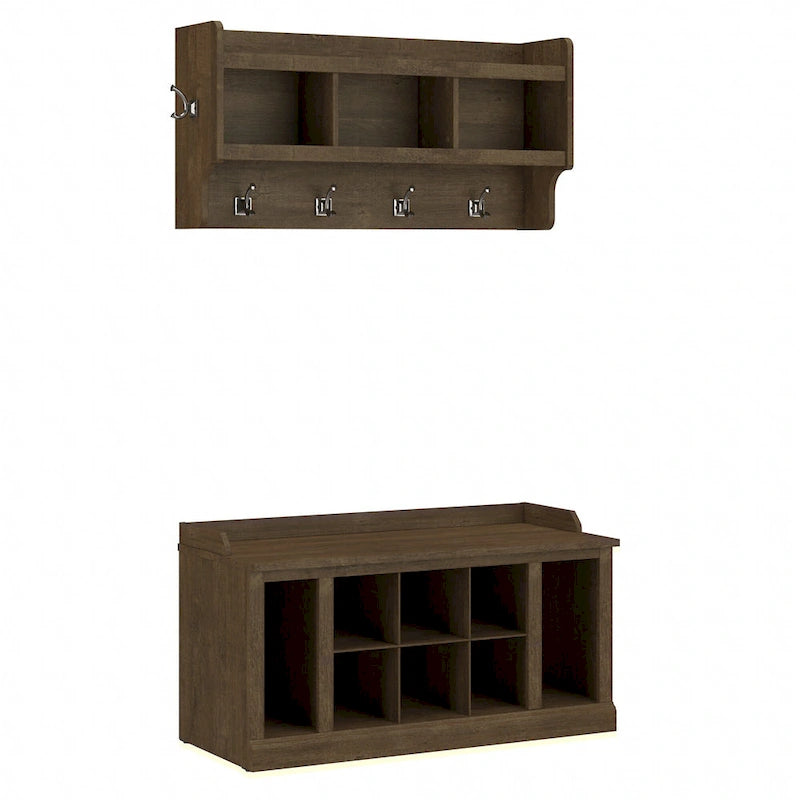 Woodland 40W Shoe Bench w/ Shelves & Wall Coat Rack by Bush Furniture