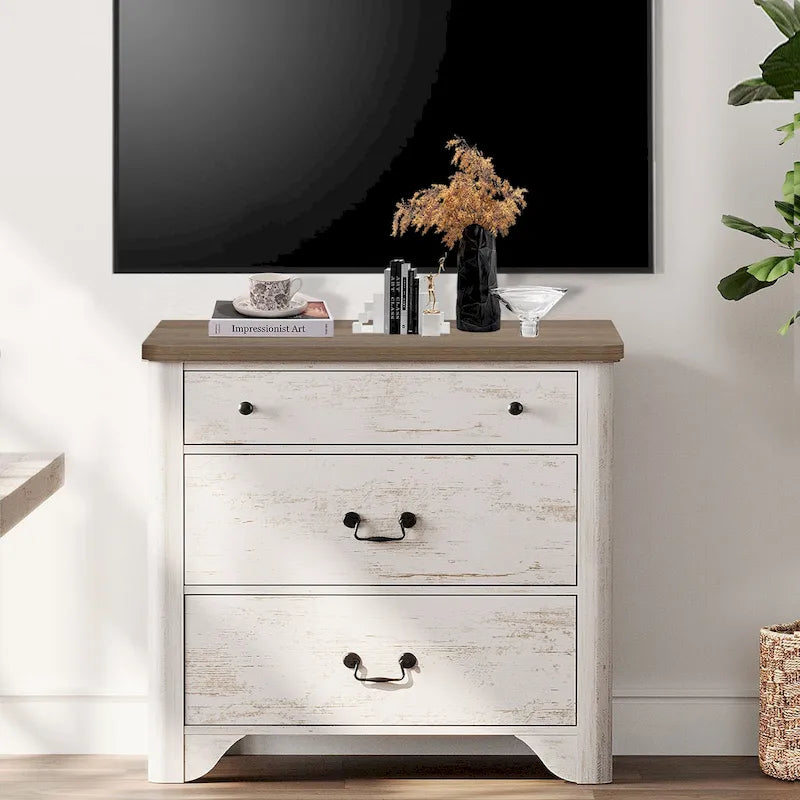 Farmhouse TV Stand For Tvs, Wood Entertainment Center With 3 Drawers, TV Console With Large Storage For Living Room