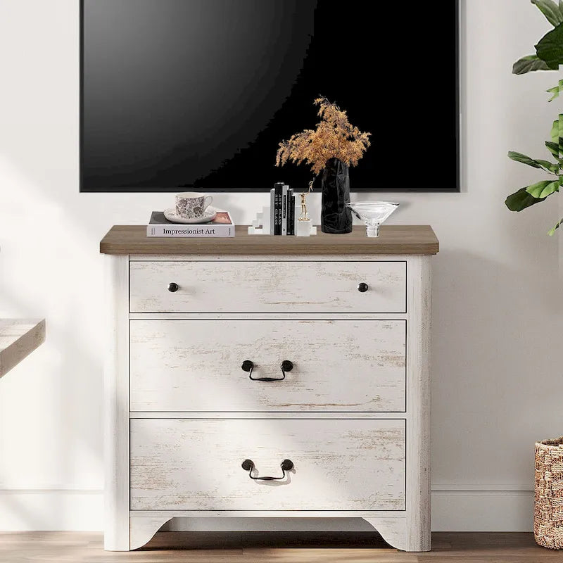 Farmhouse TV Stand For Tvs, Wood Entertainment Center With 3 Drawers, TV Console With Large Storage For Living Room