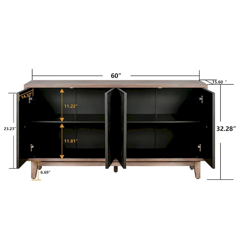Mid Century Sideboard Buffet Cabinet with Solid Wood Legs 60 Kitchen Storage Cabinet Credenza with 4 Doors and 2 Shelves