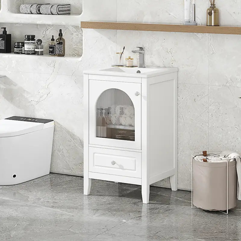 20 Inch Bathroom Vanity With Sink Combo, Modern Bathroom Vanity, Compact Space Bathroom Cabinet With Glass Door, Drawer