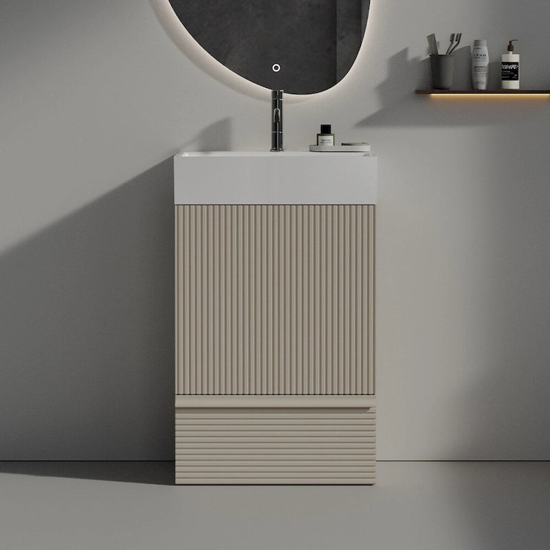Single Sink Bathroom Vanity, Modern Grille-patterned Freestanding Vanity With Hidden Handle, Wood Bathroom Cabinet