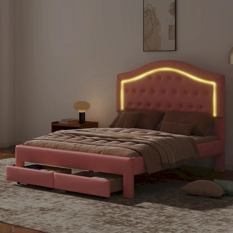 Upholstered Platform Bed with Tufted Headboard, LED and Two Drawers for Bedroom