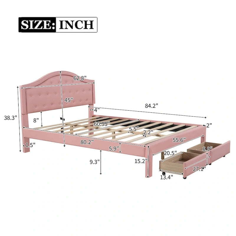 Upholstered Platform Bed with Tufted Headboard, LED and Two Drawers for Bedroom