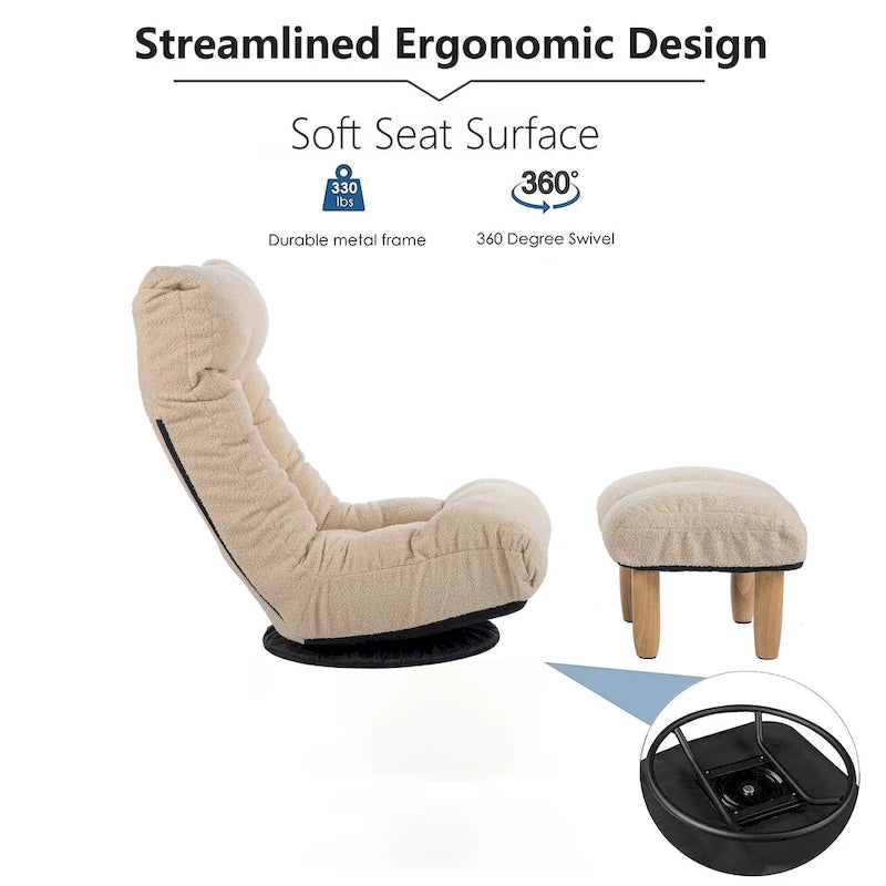 Beige Boucle Upholstered 360 Swivel Armless Manual Leisure Recliner Set with Ottoman, Adjustable Headrest and Backrest