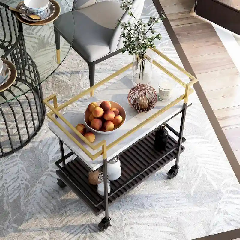 Bouvet Modern White Faux Marble and Slatted 2-Shelf Serving Cart by