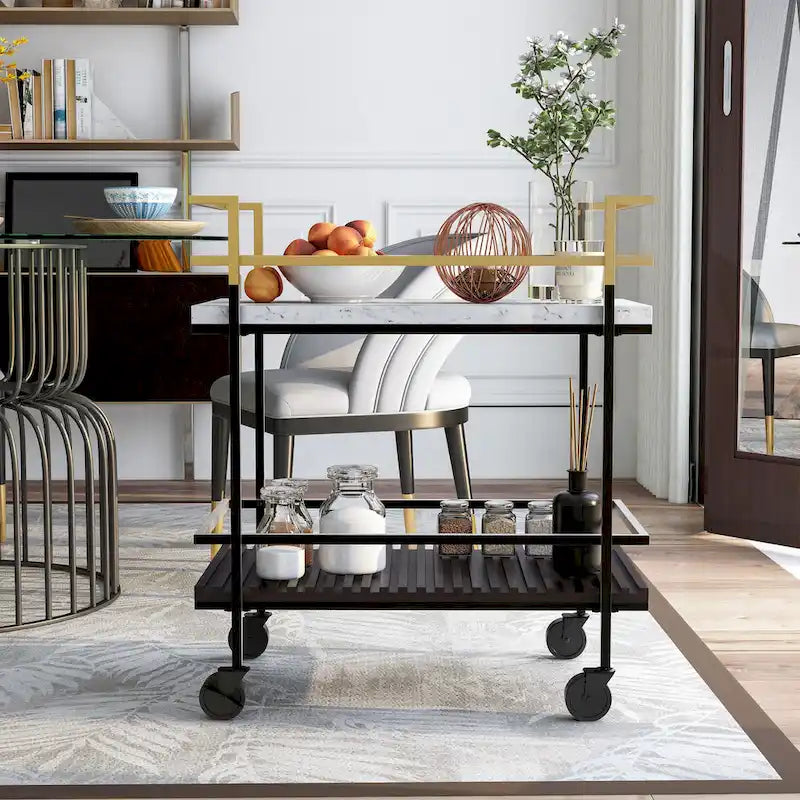 Bouvet Modern White Faux Marble and Slatted 2-Shelf Serving Cart by