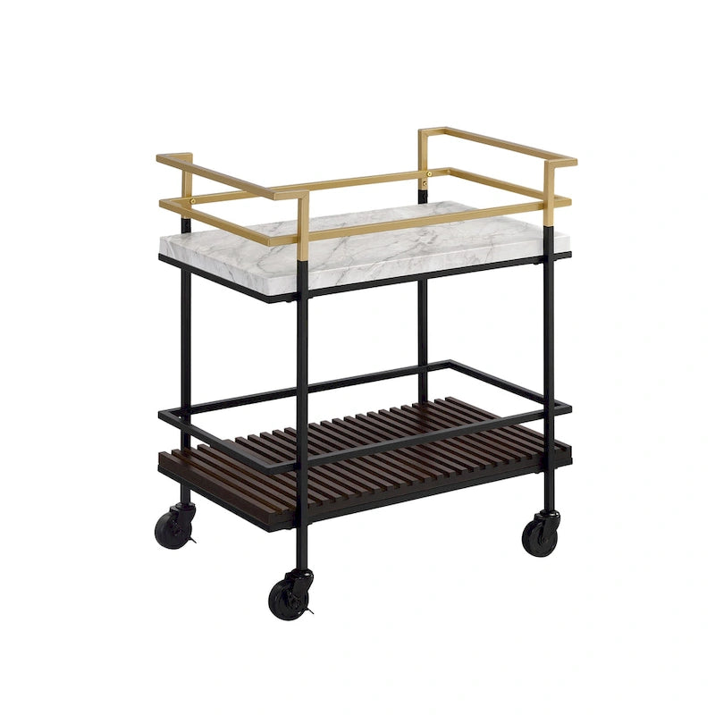 Bouvet Modern White Faux Marble and Slatted 2-Shelf Serving Cart by