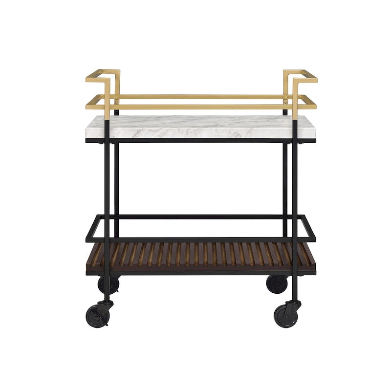 Bouvet Modern White Faux Marble and Slatted 2-Shelf Serving Cart by