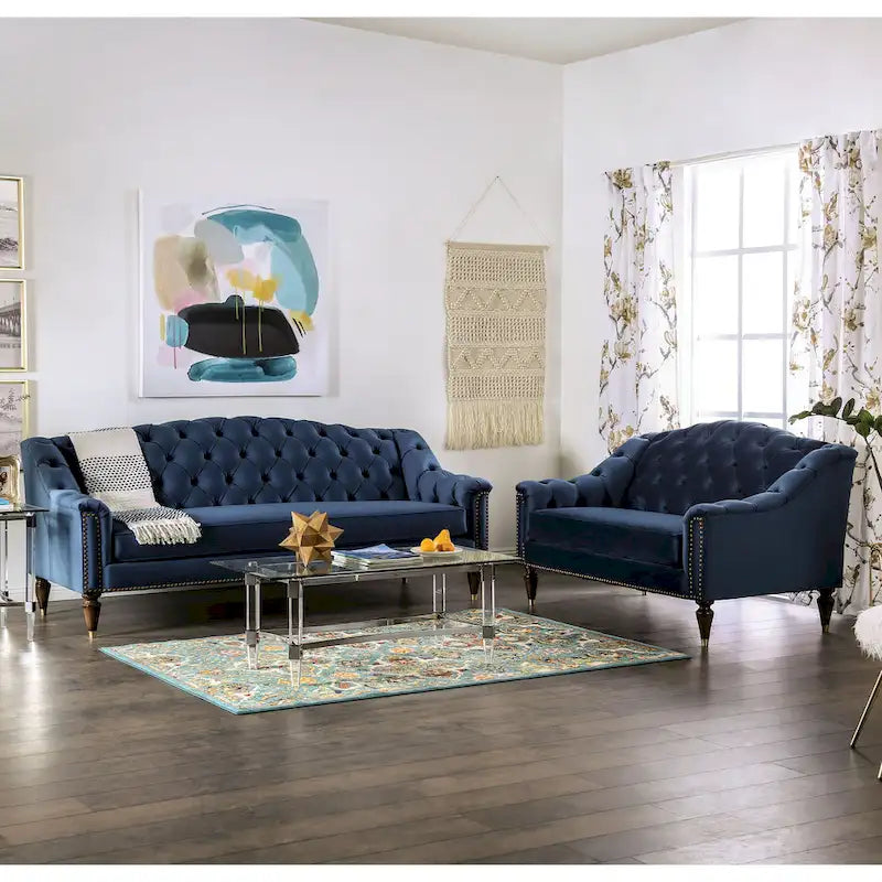 Adeben Transitional Blue Fabric Nailhead Trim Tufted 2-Piece Sofa Set by 