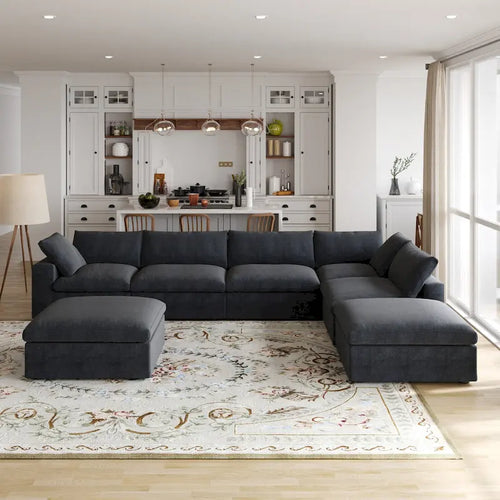 160 in. Free Combination Overstuffed Down Filled Comfort Linen U-shape 6-Seat Sofa Modular Sectional with Ottoman
