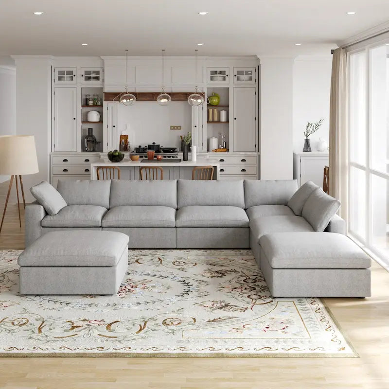 160 in. Free Combination Overstuffed Down Filled Comfort Linen U-shape 6-Seat Sofa Modular Sectional with Ottoman