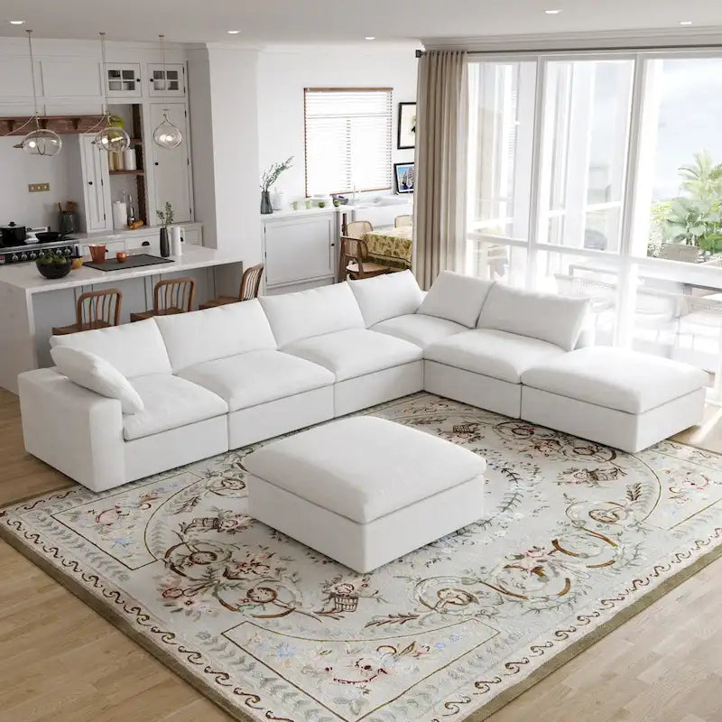 160 in. Free Combination Overstuffed Down Filled Comfort Linen U-shape 6-Seat Sofa Modular Sectional with Ottoman
