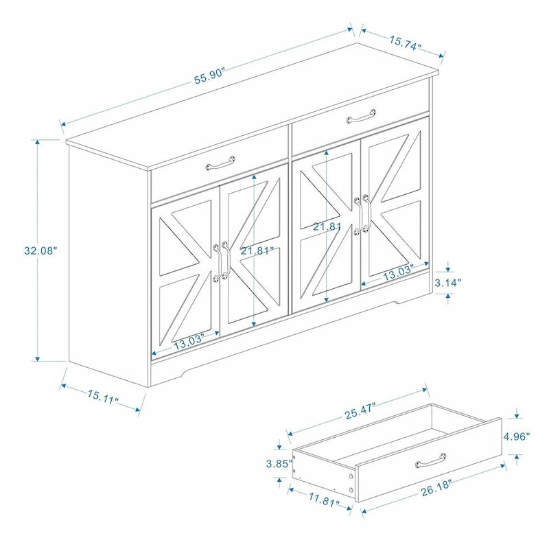 55.91 Large Farmhouse Buffet Cabinet Storage Sideboard