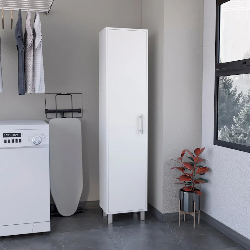 Dryden Tall Narrow Storage Cabinet with 5-Tier Shelf and Broom Hangers, White