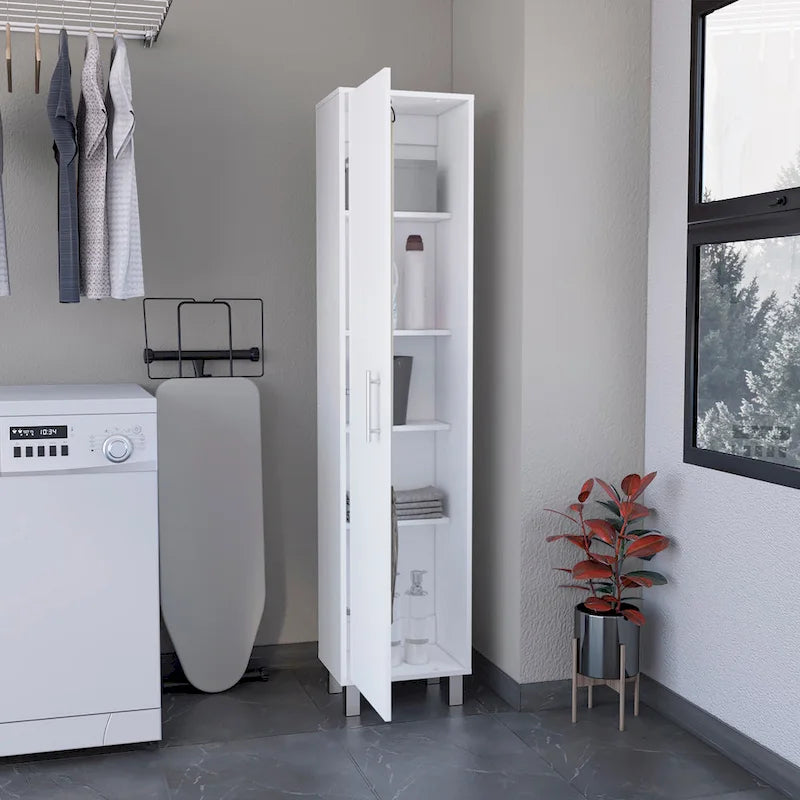 Dryden Tall Narrow Storage Cabinet with 5-Tier Shelf and Broom Hangers, White