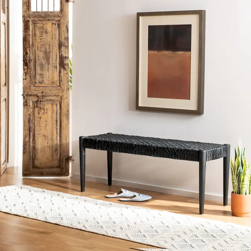 SAFAVIEH Mahalia Bandelier Wood & Leather Bench - 47 W x 16 D x 19 H - 47Wx16Dx19H
