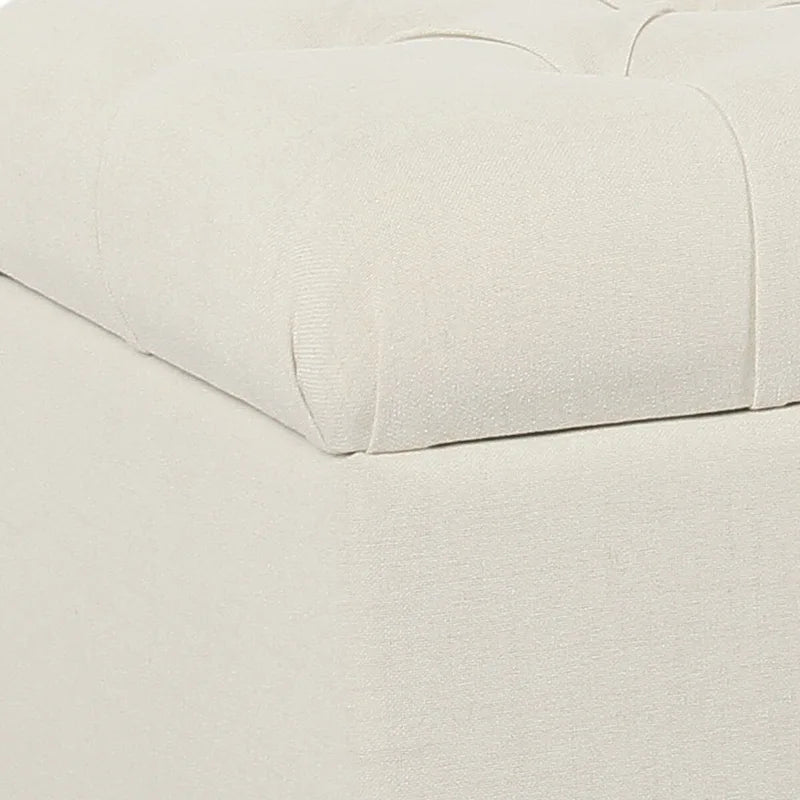 Fabric Upholstered Button Tufted Wooden Bench With Hinged Storage, White and Brown - 18 H x 40 W x 18 L Inches