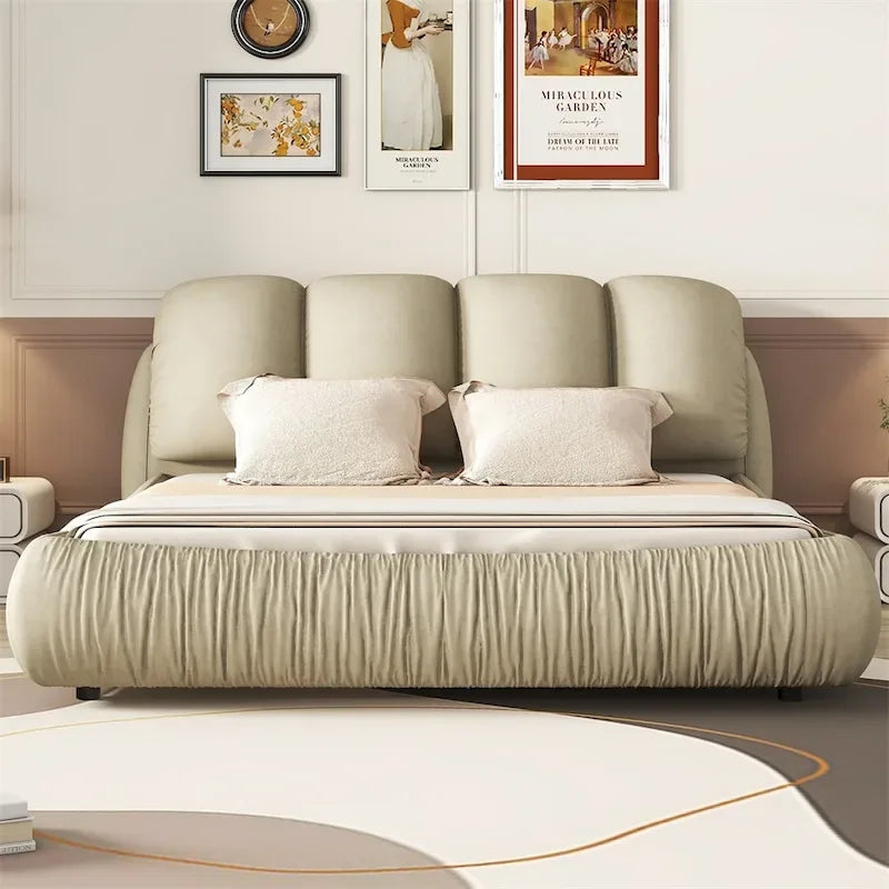 King Size Upholstered Bed w/ Thick Headboard Oversized Padded Backrest
