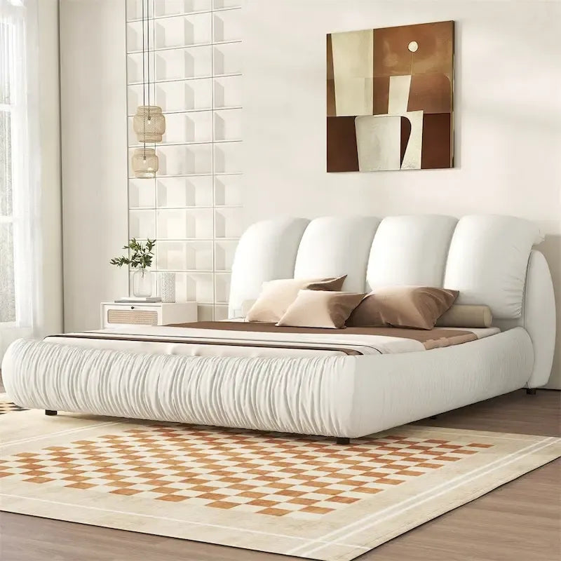 King Size Upholstered Bed w/ Thick Headboard Oversized Padded Backrest