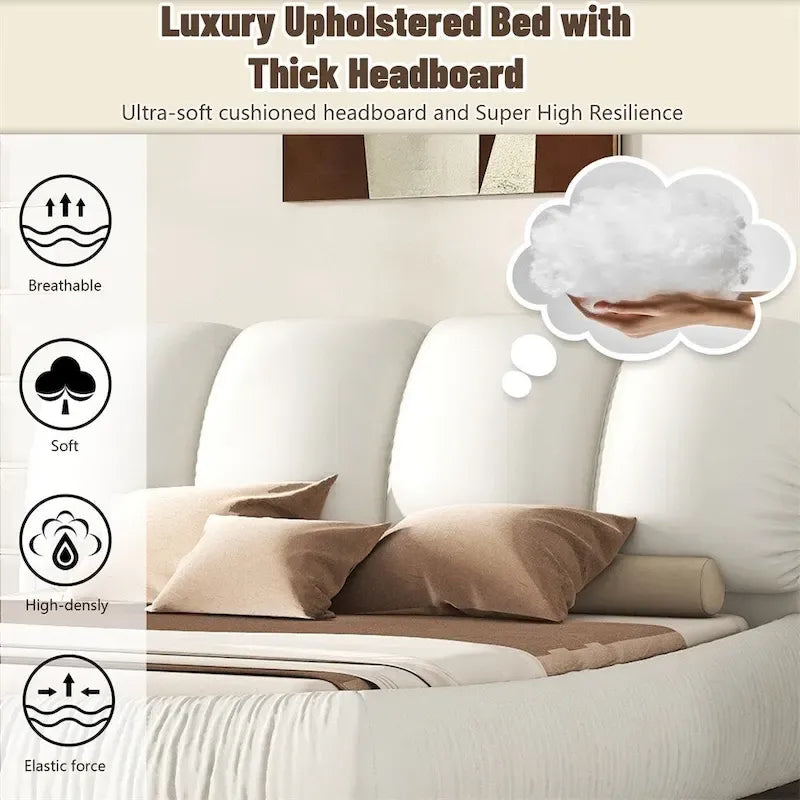 King Size Upholstered Bed w/ Thick Headboard Oversized Padded Backrest