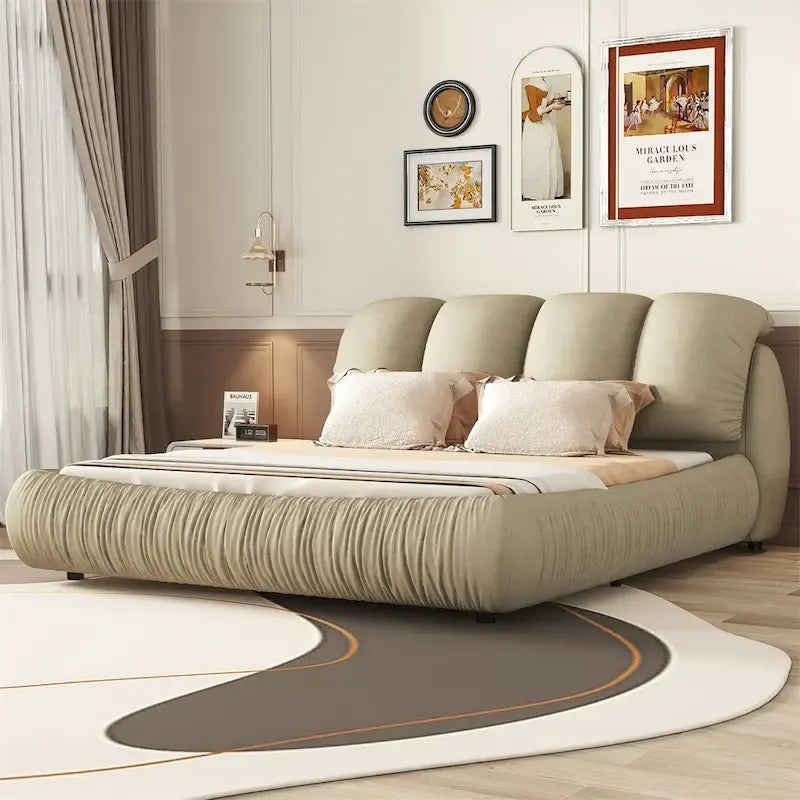 King Size Upholstered Bed w/ Thick Headboard Oversized Padded Backrest