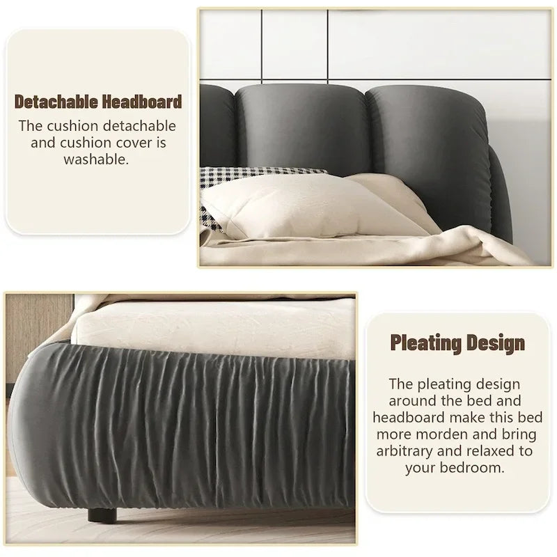 King Size Upholstered Bed w/ Thick Headboard Oversized Padded Backrest