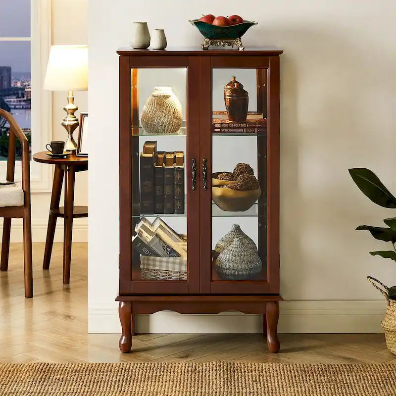 Curio Cabinet Lighted Curio Diapaly Cabinet with Adjustable Shelves and Mirrored Back Panel, Tempered Glass Doors