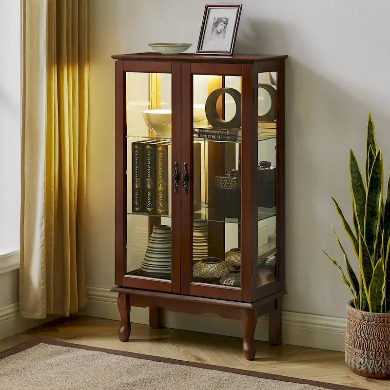 Curio Cabinet Lighted Curio Diapaly Cabinet with Adjustable Shelves and Mirrored Back Panel, Tempered Glass Doors