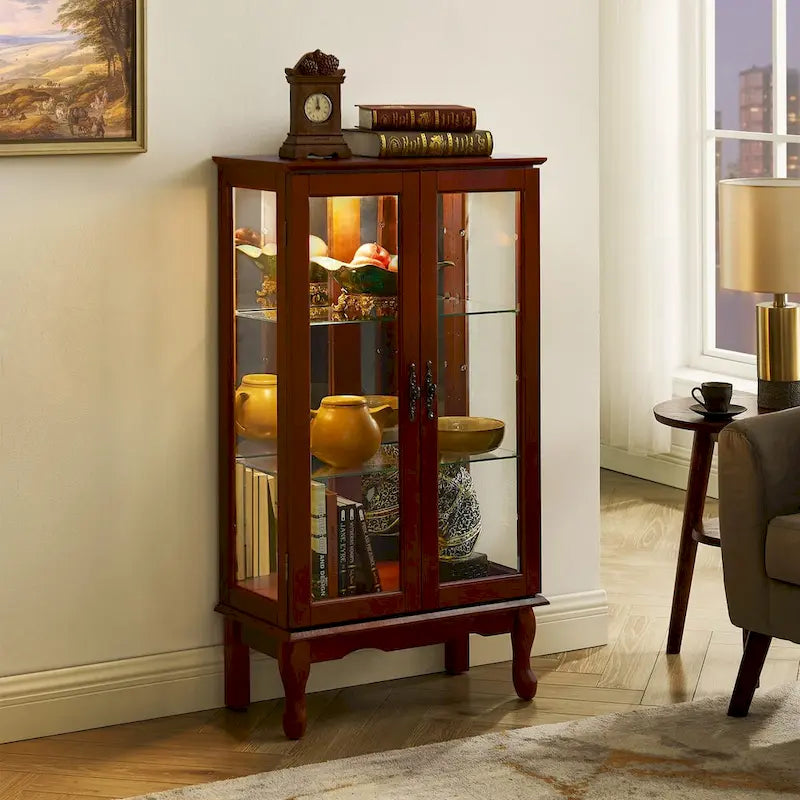 Curio Cabinet Lighted Curio Diapaly Cabinet with Adjustable Shelves and Mirrored Back Panel, Tempered Glass Doors
