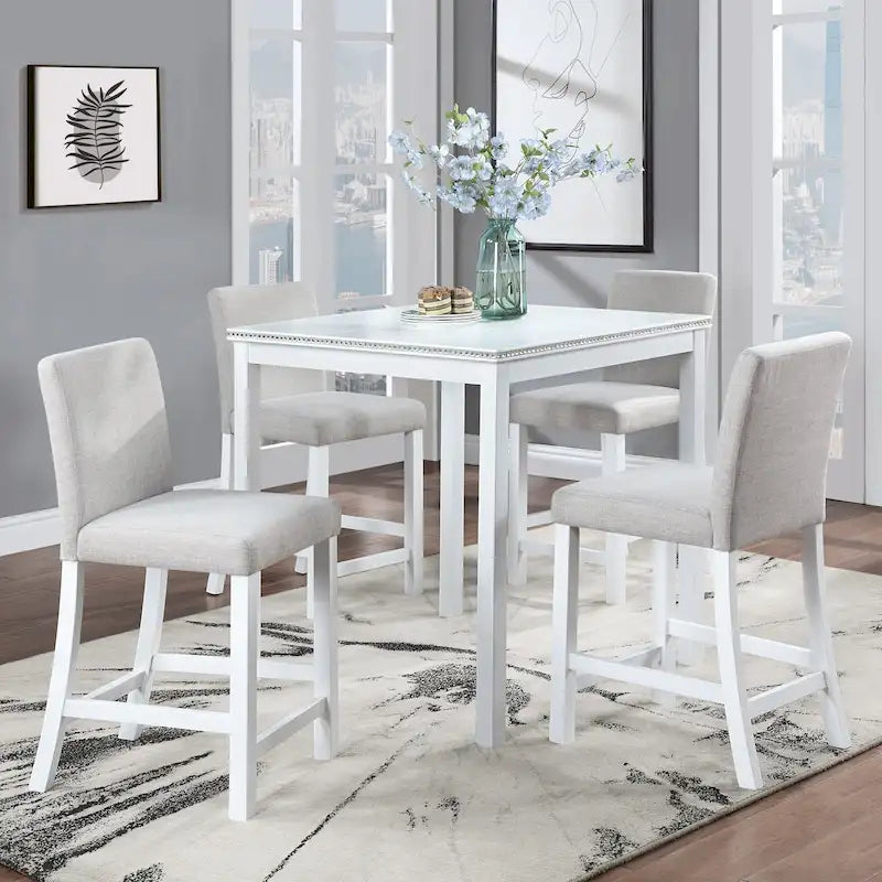 5 Piece Counter Height Table Set, Wooden Kitchen Table Set with Square Table and 4 Upholstered Chairs