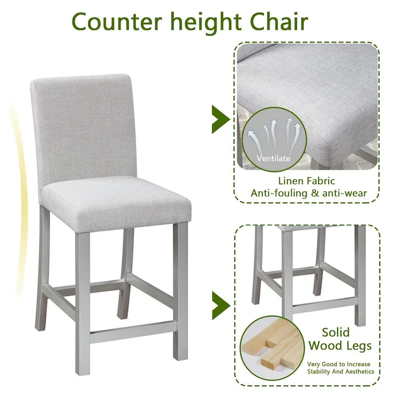 5 Piece Counter Height Table Set, Wooden Kitchen Table Set with Square Table and 4 Upholstered Chairs
