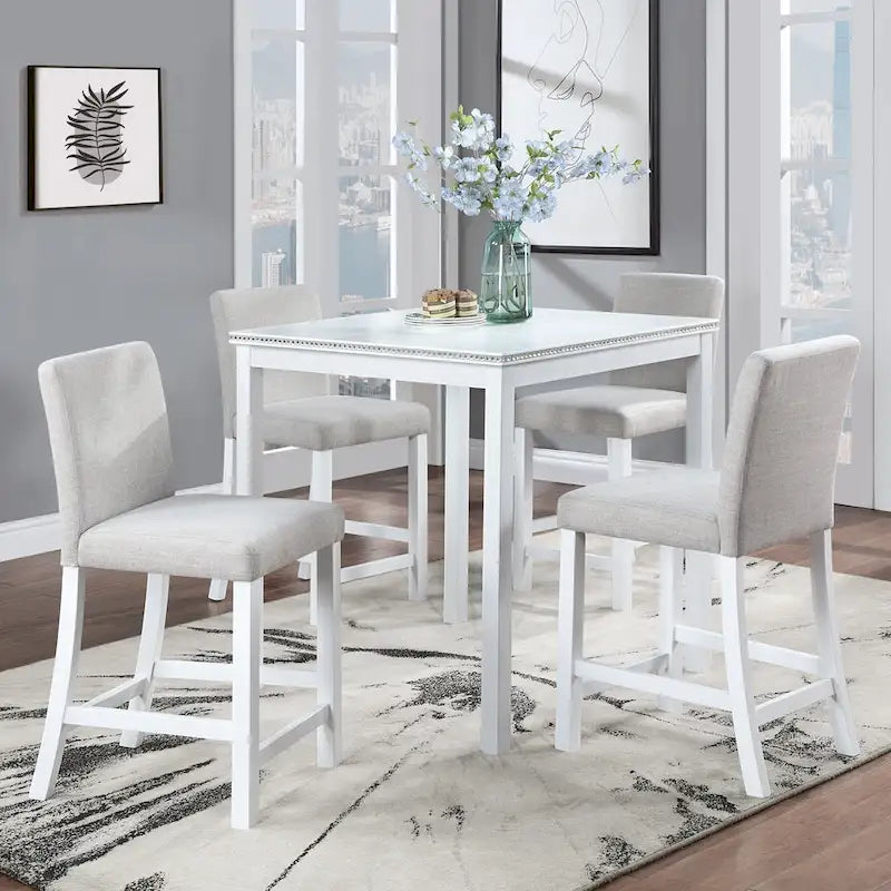 5 Piece Counter Height Table Set, Wooden Kitchen Table Set with Square Table and 4 Upholstered Chairs