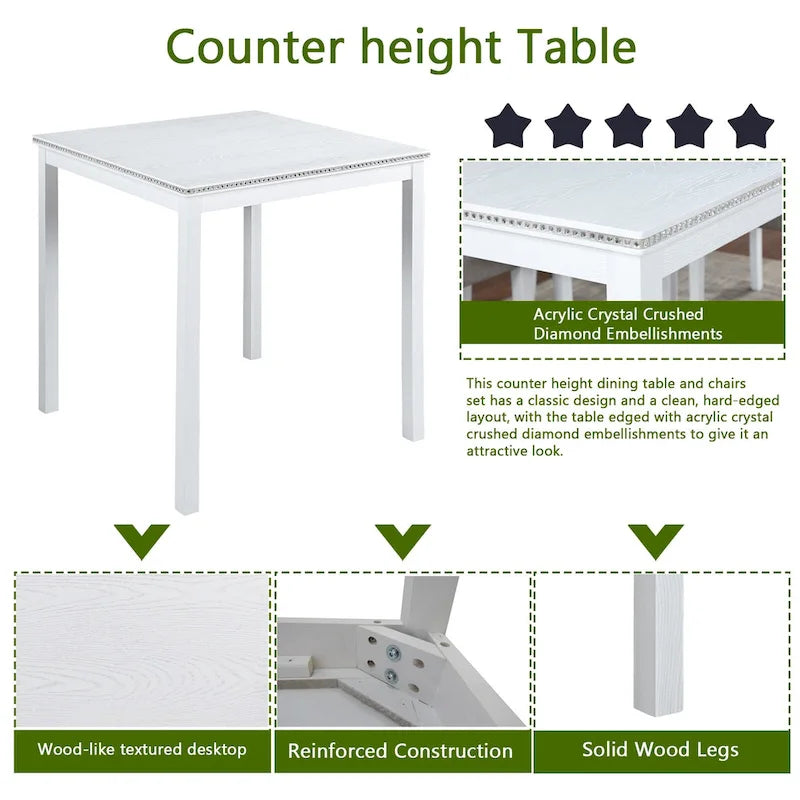 5 Piece Counter Height Table Set, Wooden Kitchen Table Set with Square Table and 4 Upholstered Chairs