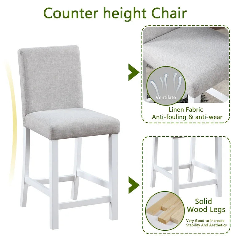 5 Piece Counter Height Table Set, Wooden Kitchen Table Set with Square Table and 4 Upholstered Chairs