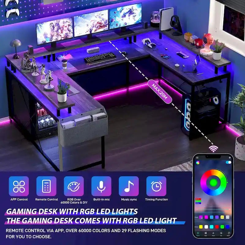 Reversible Shaped Large Computer Desk with Power Outlets