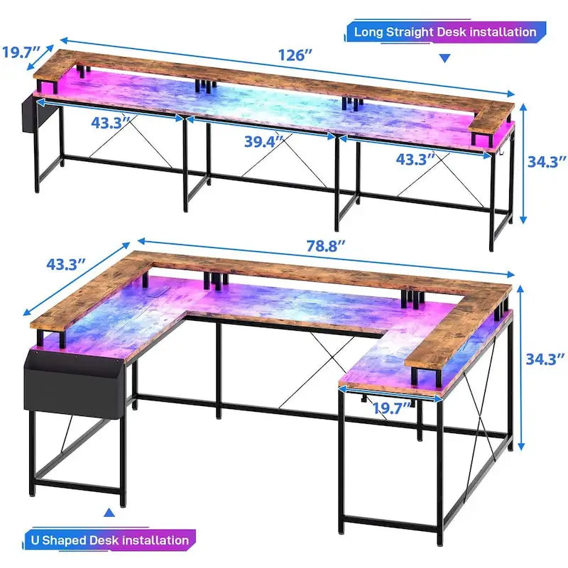 Reversible Shaped Large Computer Desk with Power Outlets