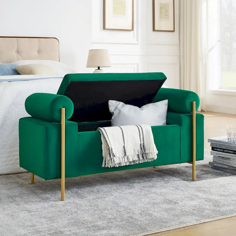 Upholstered Linen Storage Bench with Cylindrical Arms
