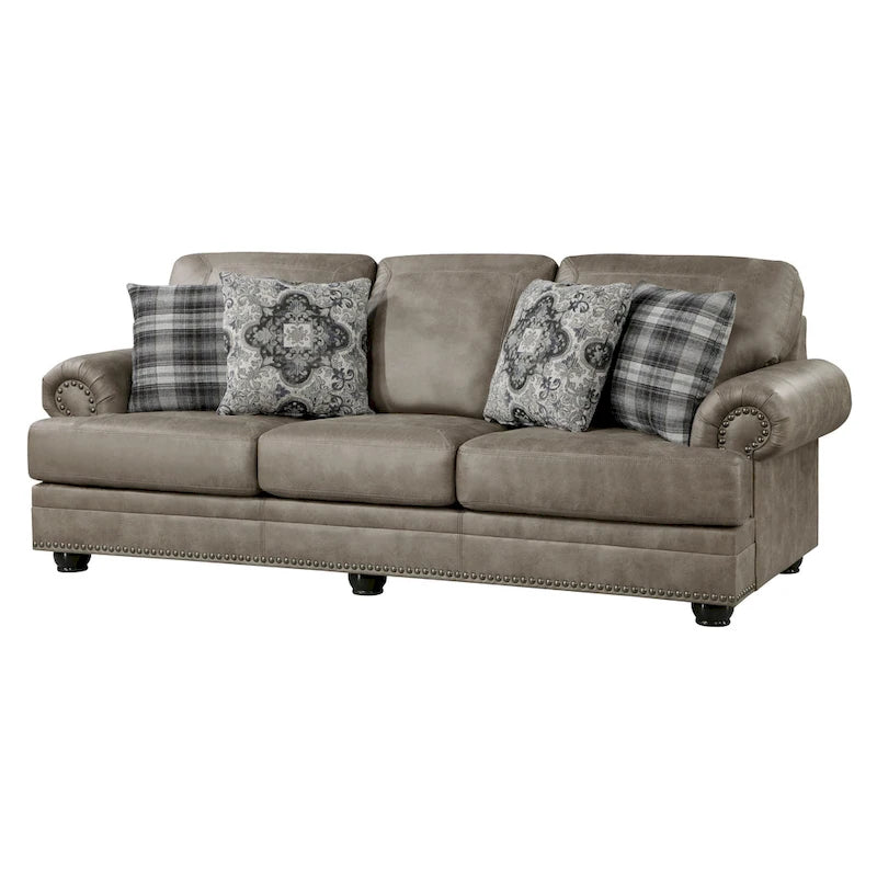 Jade 98 Inch Sofa, Taupe Brown Microfiber, 4 Pillows, Soft Cushions, Wood