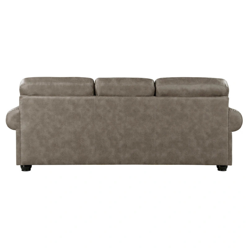 Jade 98 Inch Sofa, Taupe Brown Microfiber, 4 Pillows, Soft Cushions, Wood