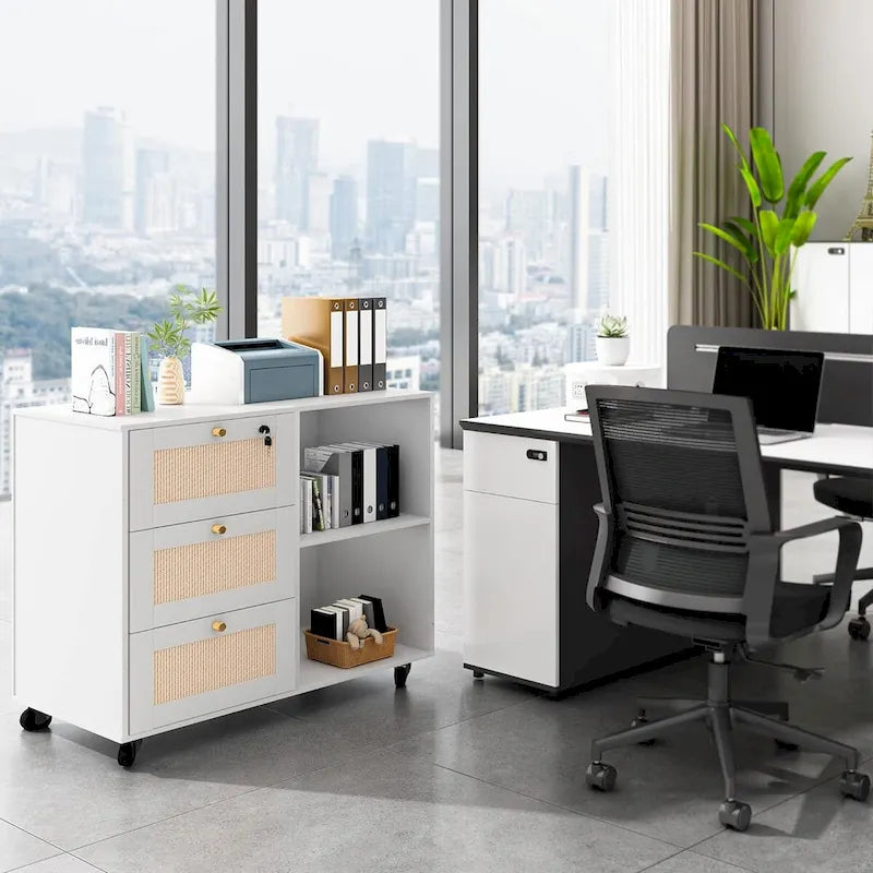 Filing Cabinet with Drawers and Lock, Storage Cabinet Mobile Lateral Filing Cabinet for Home Office with Open Storage Shelves