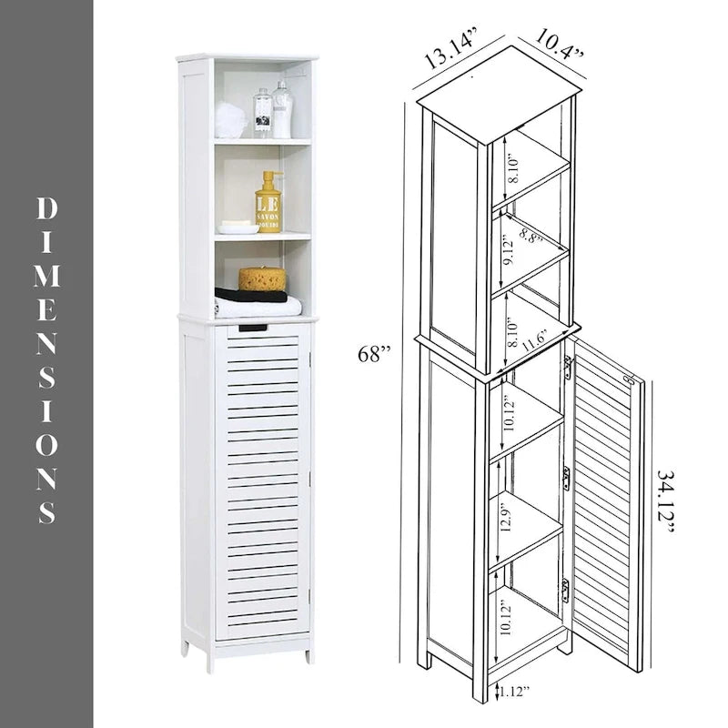 Miami White Tall Bathroom Storage Cabinet Slim Linen Cabinet - 13 7/8L x 10.4W x 68H