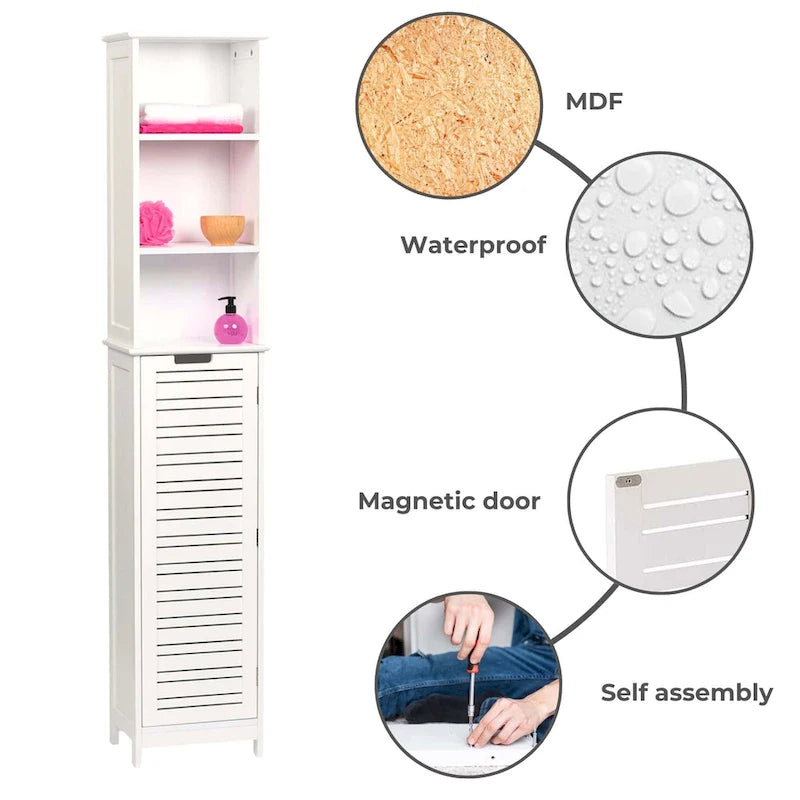 Miami White Tall Bathroom Storage Cabinet Slim Linen Cabinet - 13 7/8L x 10.4W x 68H