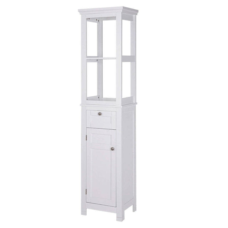 COSTARS Home Bathroom Freestanding Storage Cabinet with Two Tier Open Shelves, Tall Slim Tower with Door and Drawer