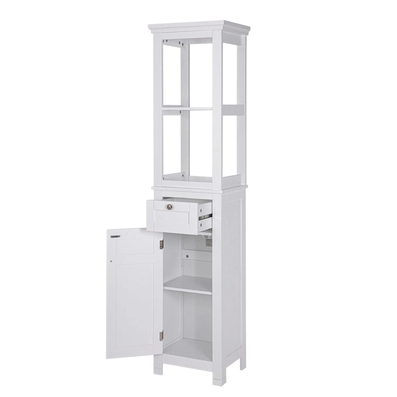 COSTARS Home Bathroom Freestanding Storage Cabinet with Two Tier Open Shelves, Tall Slim Tower with Door and Drawer