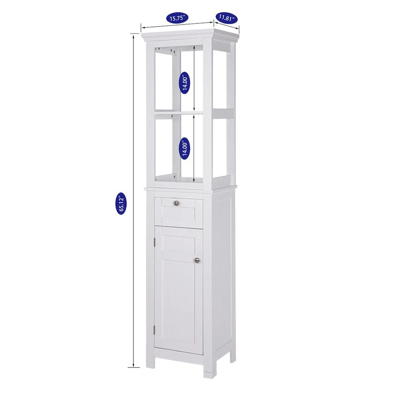 COSTARS Home Bathroom Freestanding Storage Cabinet with Two Tier Open Shelves, Tall Slim Tower with Door and Drawer