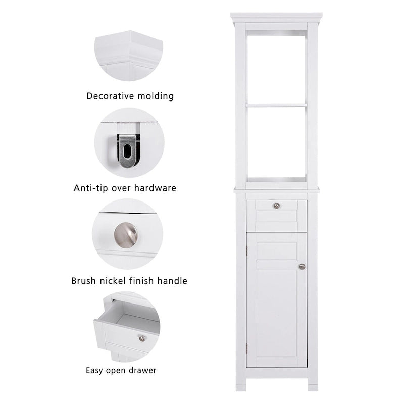 COSTARS Home Bathroom Freestanding Storage Cabinet with Two Tier Open Shelves, Tall Slim Tower with Door and Drawer