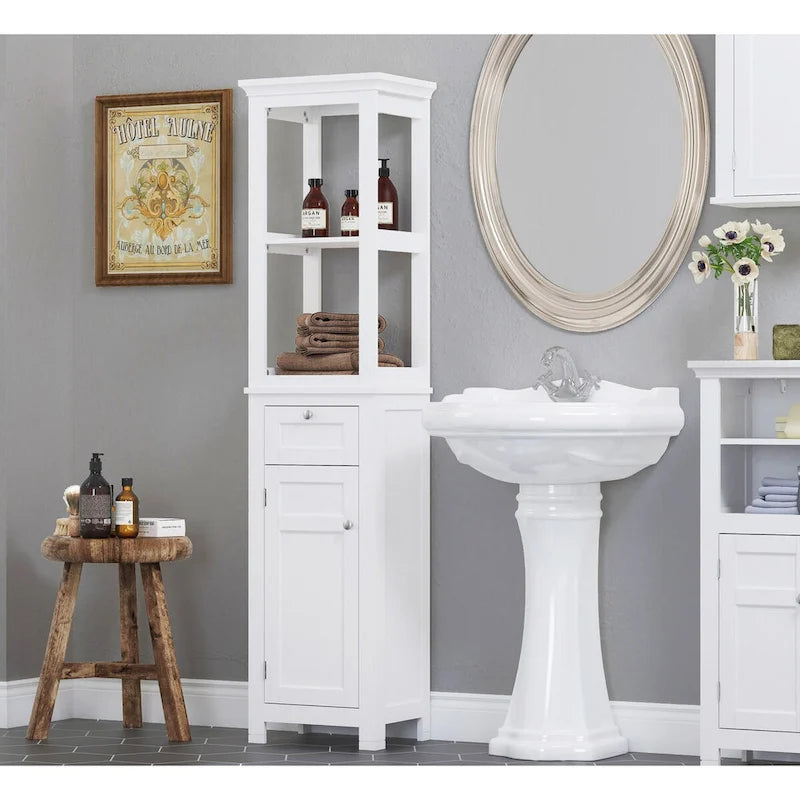 COSTARS Home Bathroom Freestanding Storage Cabinet with Two Tier Open Shelves, Tall Slim Tower with Door and Drawer