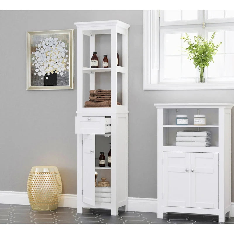 COSTARS Home Bathroom Freestanding Storage Cabinet with Two Tier Open Shelves, Tall Slim Tower with Door and Drawer